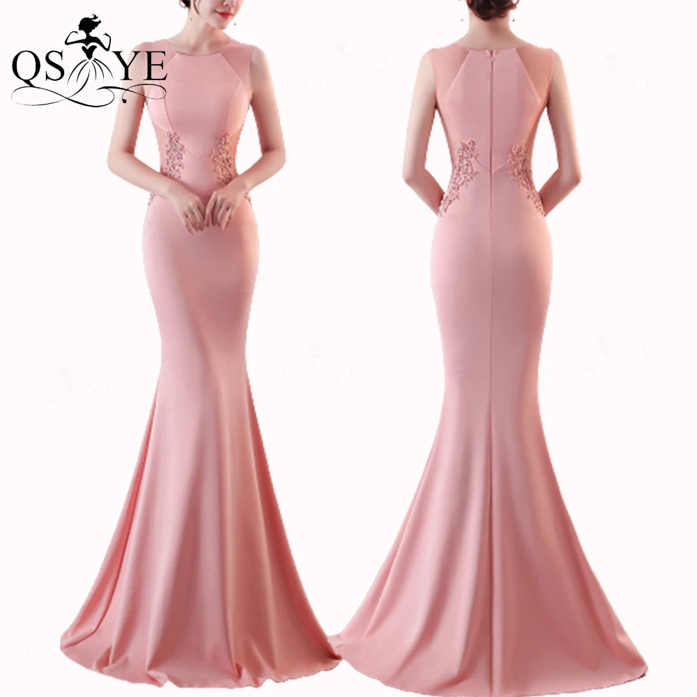 Pink Bridesmaid Dresses Illusion Waist Beaded Applique Lace Evening Prom Gown Sleeveless Long Fit Satin Formal Party Gown chic bridesmaid dresses