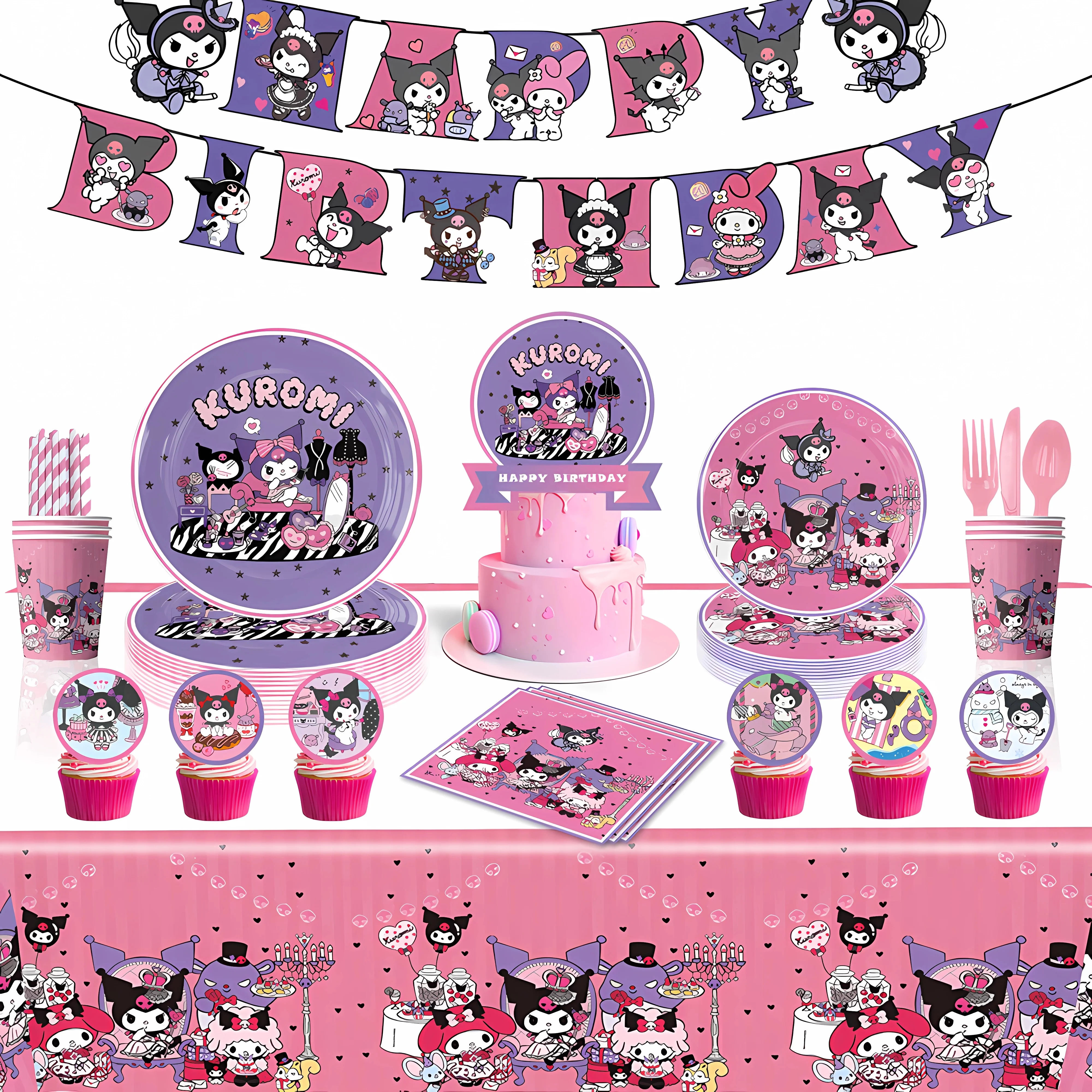 

Kawali Kuromied Party Supplies Birthday Decoration Girl Baby Shower Cups Plates Napkins Tablecloth Banner Cake Topper for Kids