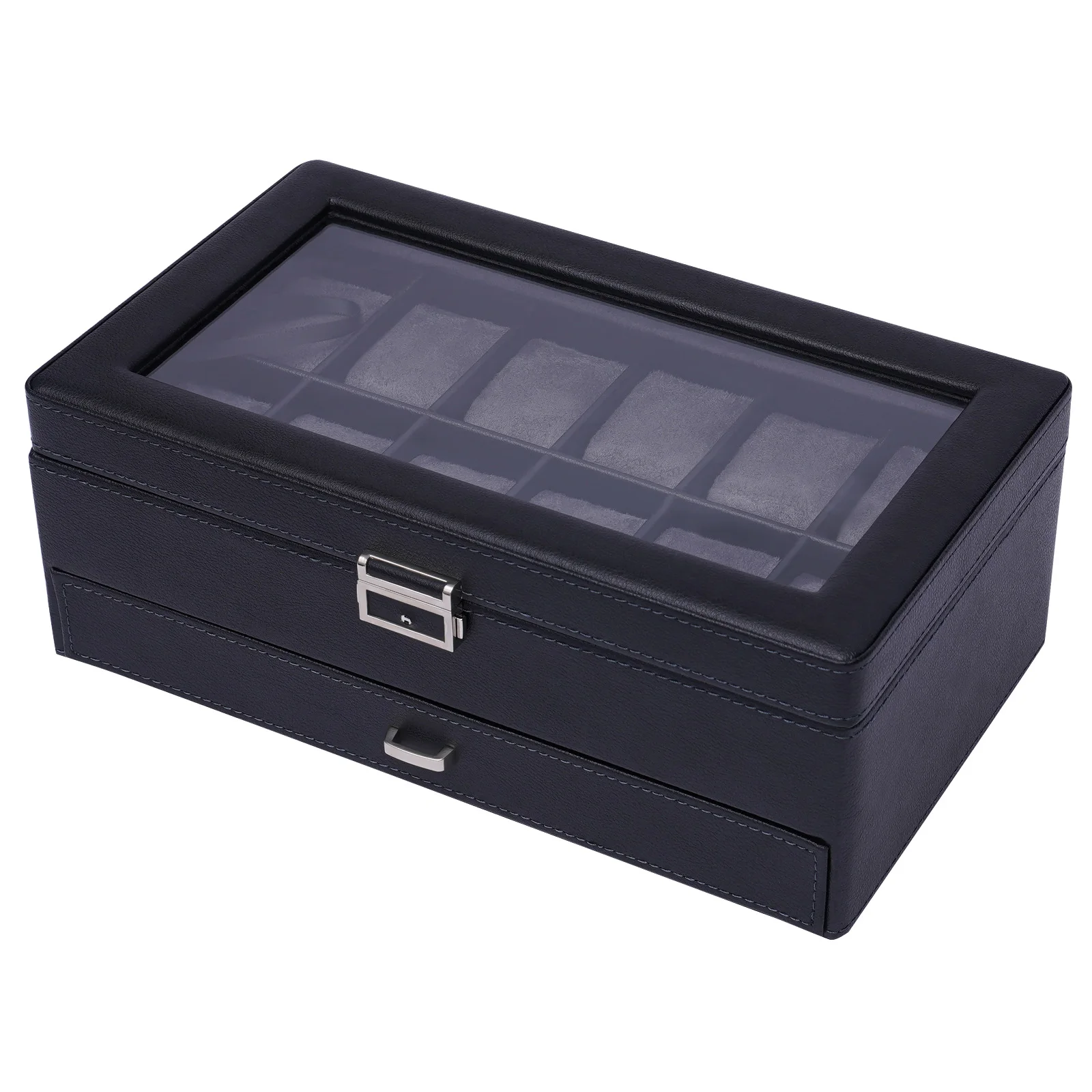 

12 Slot PU Lockable Watch Storage Boxes Men & Women Jewelry Display Drawer Case 2-Tier Organizer Watch Showcase with Glass Lid