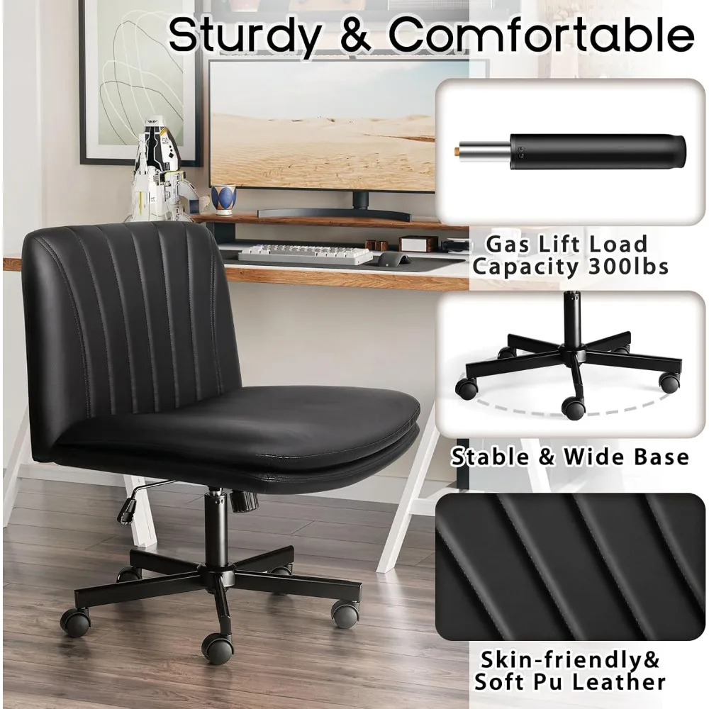 PU Leather Armless Cross Legged Office Desk Chair for Home Office, Modern Swivel Height Adjustable Wide Seat, Offices Chairs 6