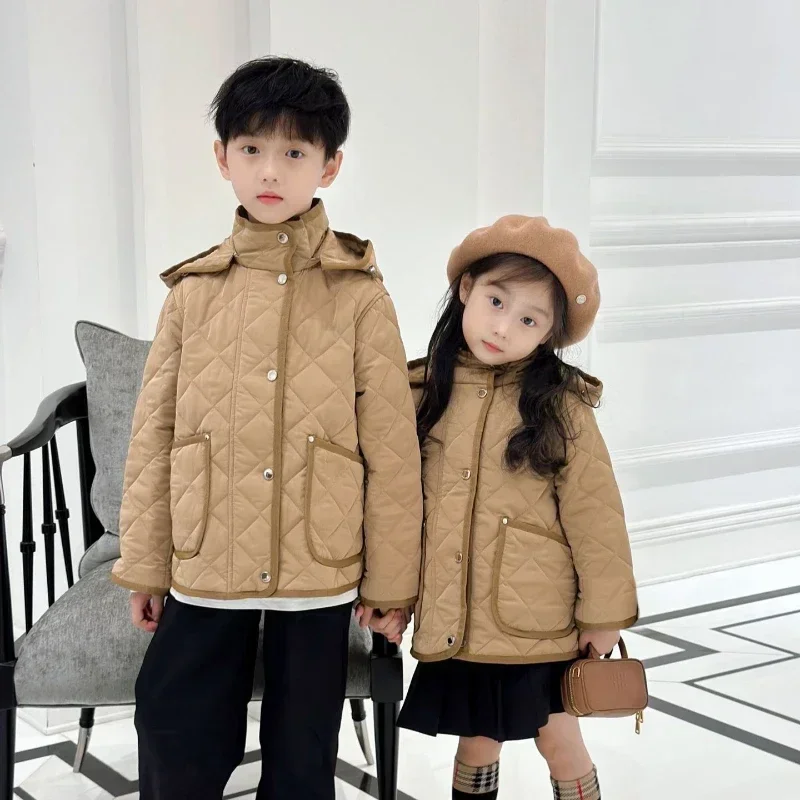 Korean Boys Girls Stand Collar Hooded Cotton Children's Coatwinter Waterproof Thick Warm Parent-Child Winter Outerwear