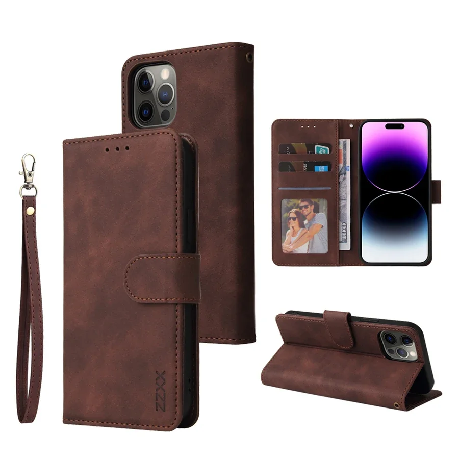 Magnetic Flip Leather Wallet Case with Card Slot, Lanyard, and Photo Frame