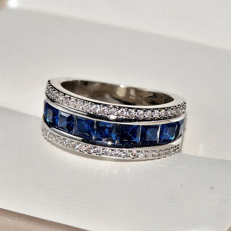 925 Sterling Silver Finger Ring Round Blue Square Cubic Zirconia Crystal For Women Wedding