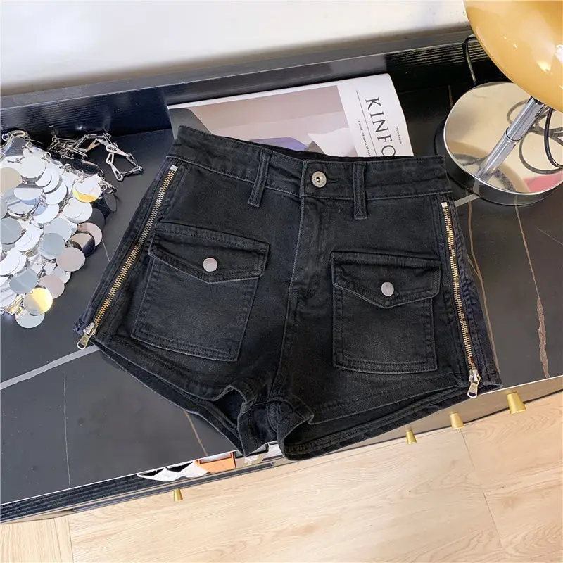 Denim Shorts With Zipper Pockets High-Waisted American Hot Pants 2024 Summer New Style Slimming Wide-Legged A-Line Hot Pants