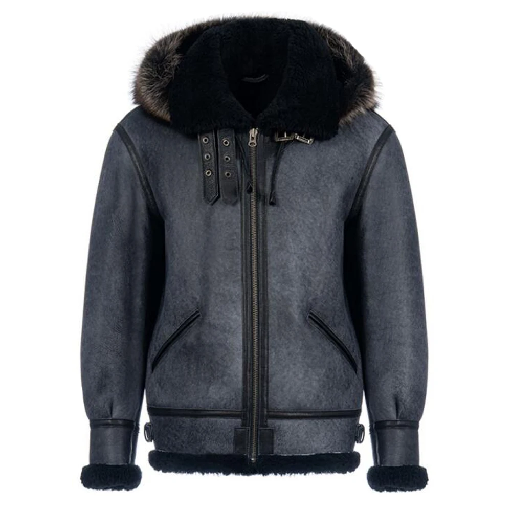 Denny&Dora Men's Shearling Jacket Grey Sheepskin Coat Flight