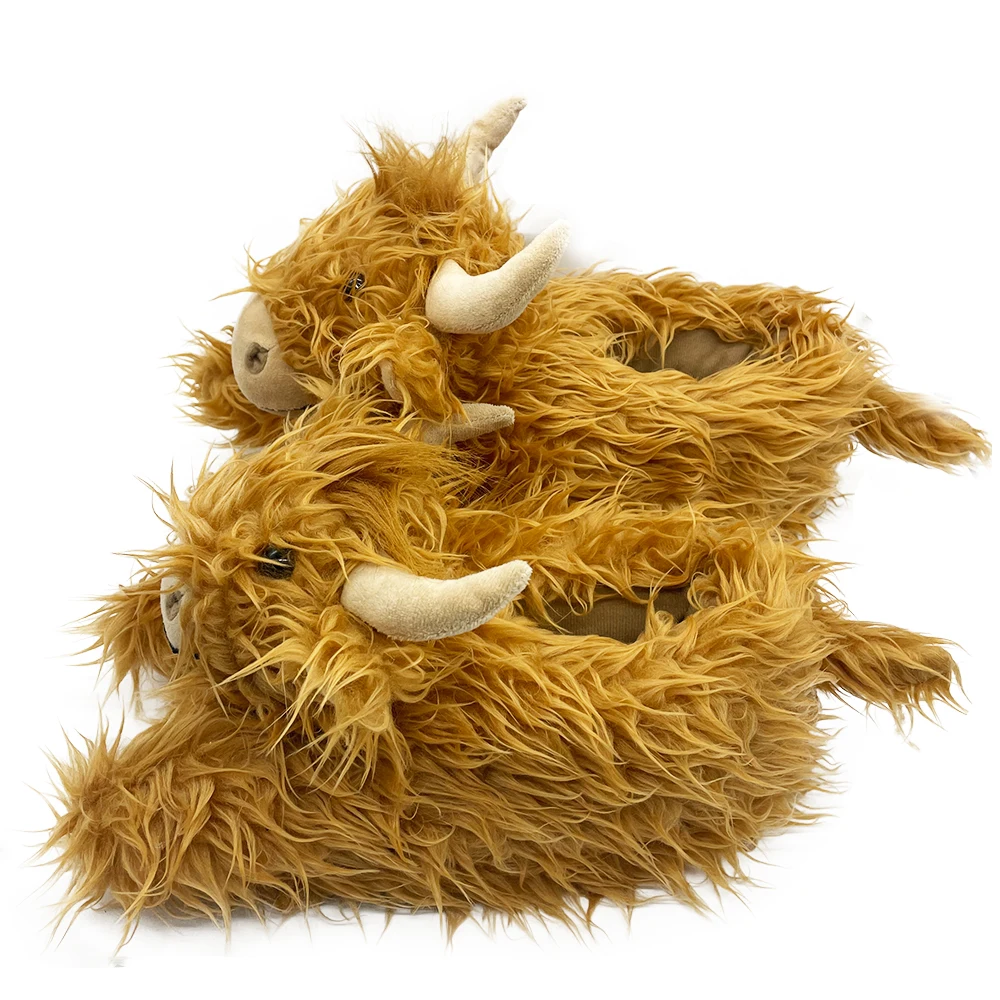 MYRYTANDA Plush Slippers Highland Cow Fluffy Slipper Women Winter Warm Shoes Men Indoor Cartoon Animal Cozy Slides