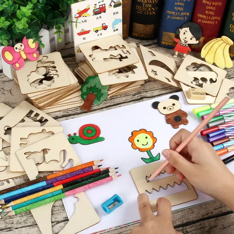 Drawing Toy 20pcs Montessori Kids Wooden DIY Painting Template Stencils Learning Educational Toys for Children Gift