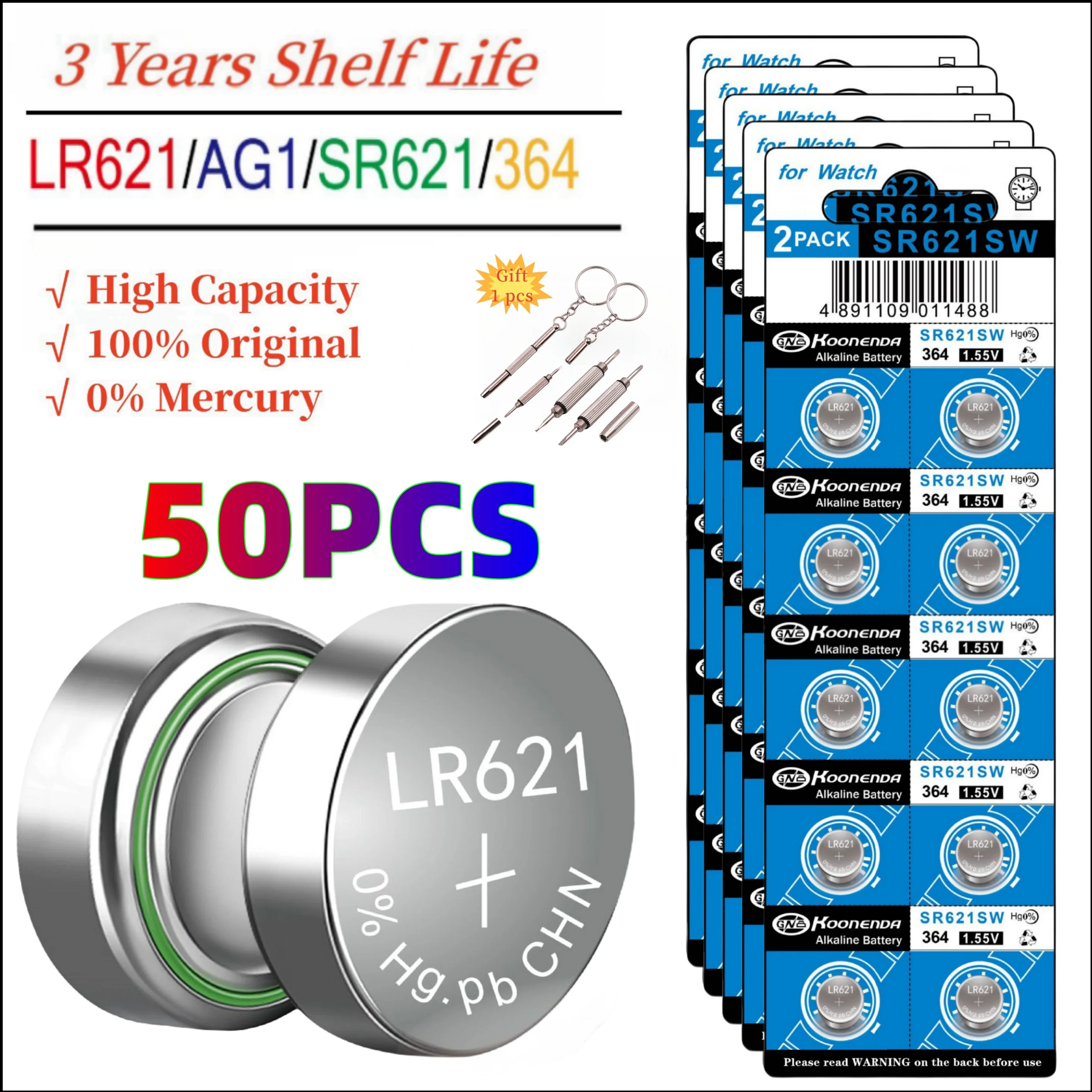 

50PCS SR621SW 364 164 363 AG1 Battery 1.55V Button Cell Batteries For toys,Watches,Cameras, Calculators,Car Security Alarm