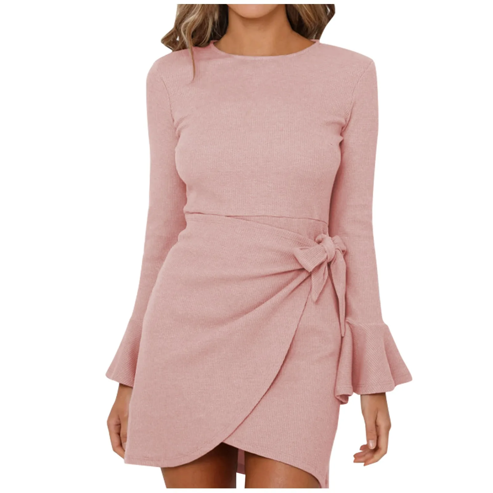 

Gaovot Elegant Women Summer Short Dresses O-neck Lace-up Bow Long Sleeve Slim Dresses Knitting Texture Pleated Lady Party Dress