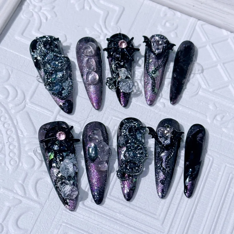 10개입 수제 블랙 퍼플 다크 스파이스 걸 수제 프레스온 네일 롱 팁 글리터 눈부신 네일 아트 드래곤 가짜 손톱 Y2K