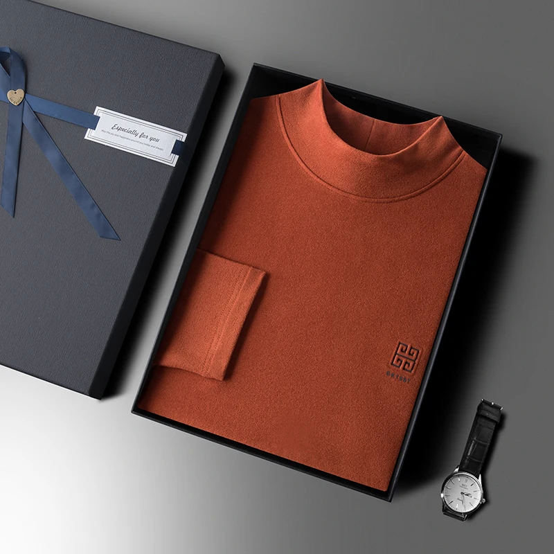 

Men's High Neck Pullover T-Shirt Embroidery Print Thickened Long Sleeve Shirt Fashion High Quality Autumn/Winter Warm Men Wear