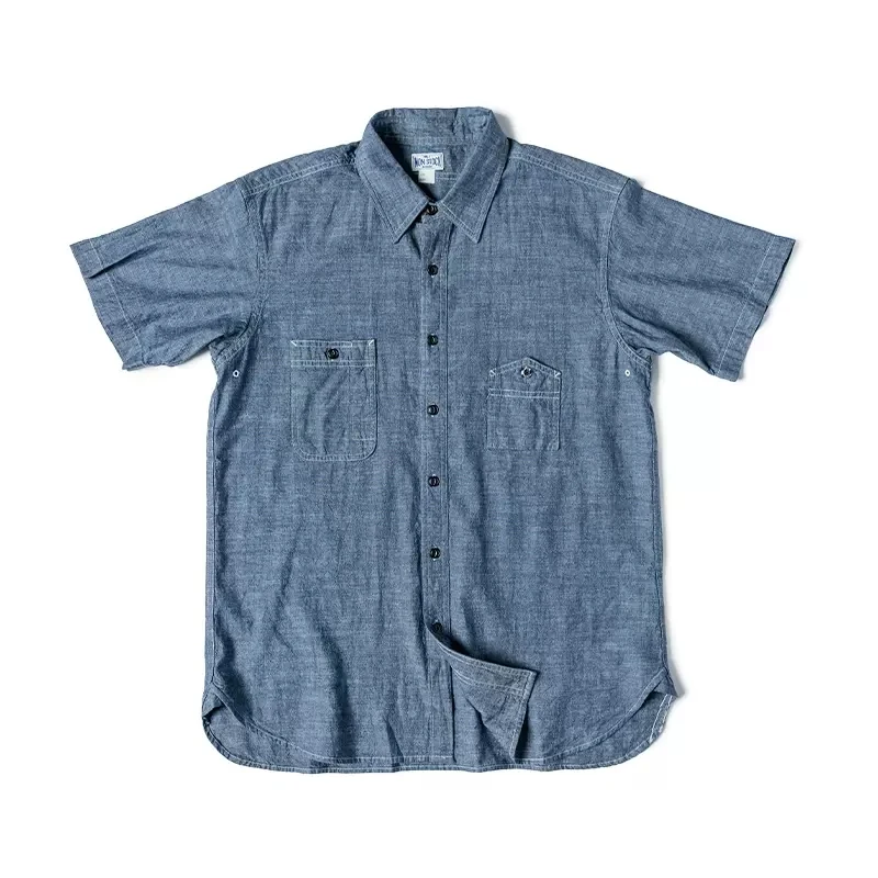 Non Stock 1942 Model Short Sleeve Chambray Shirt Vintage Asymmetrical Pocket Work Shirt 5