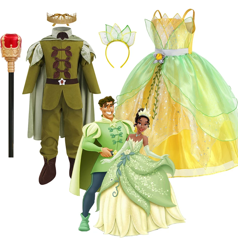 

Disney Tiana Cosplay Costume The Princess And The Frog Role Play Clothes Fancy Fairy Green Flower Dresses Elegant Prom Gown