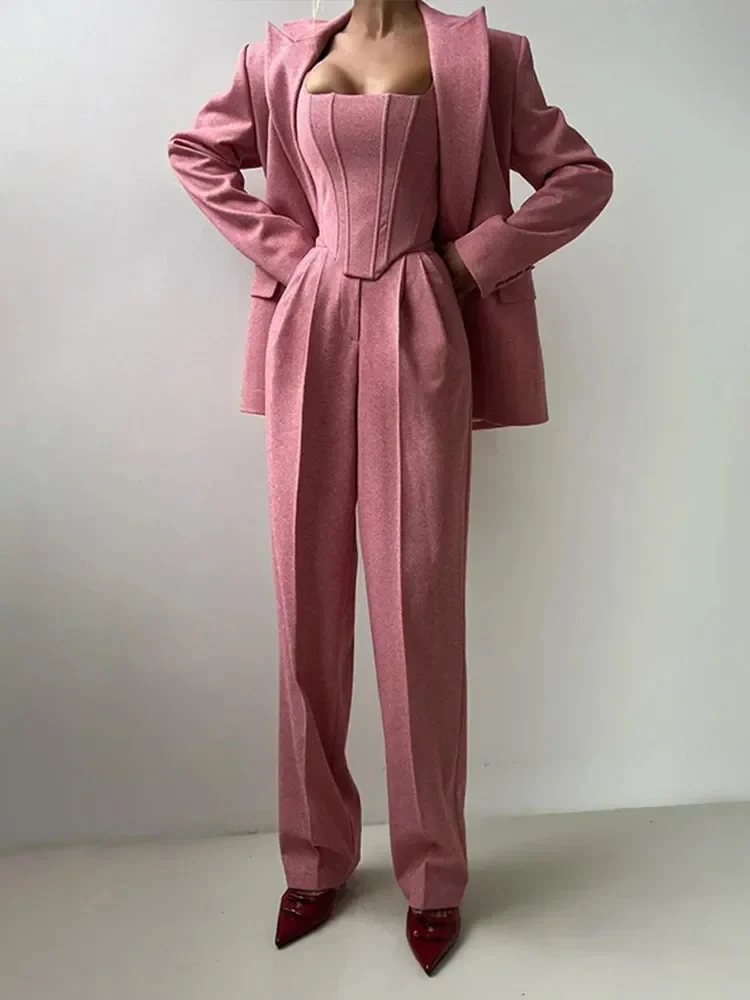 Fishbone Top Blazer Pants Sets 3 Pieces For Women Solid One Button Jacket Crop Tops High Waist Pocket Pant 2025 Lady Office Set 5