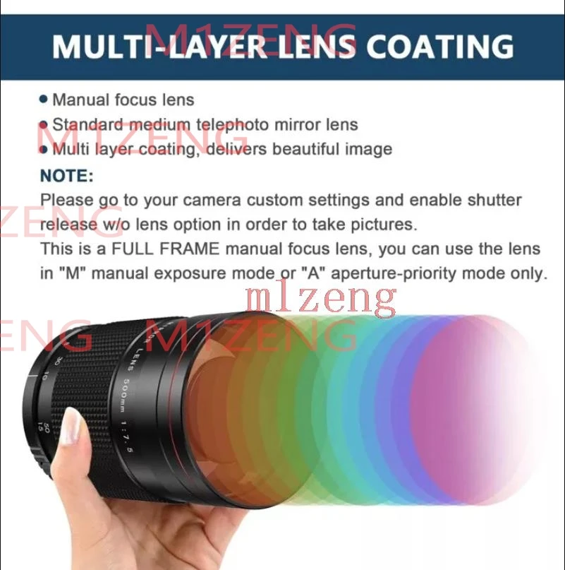 캐논 EOS, EOS R, EOS M, 니콘 Z7, Z50,  AF FE, 올림푸스, 파나소닉, 라이카 L, LM, 후지 카메라용 500mm f7.5 미러 텔레포토 렌즈