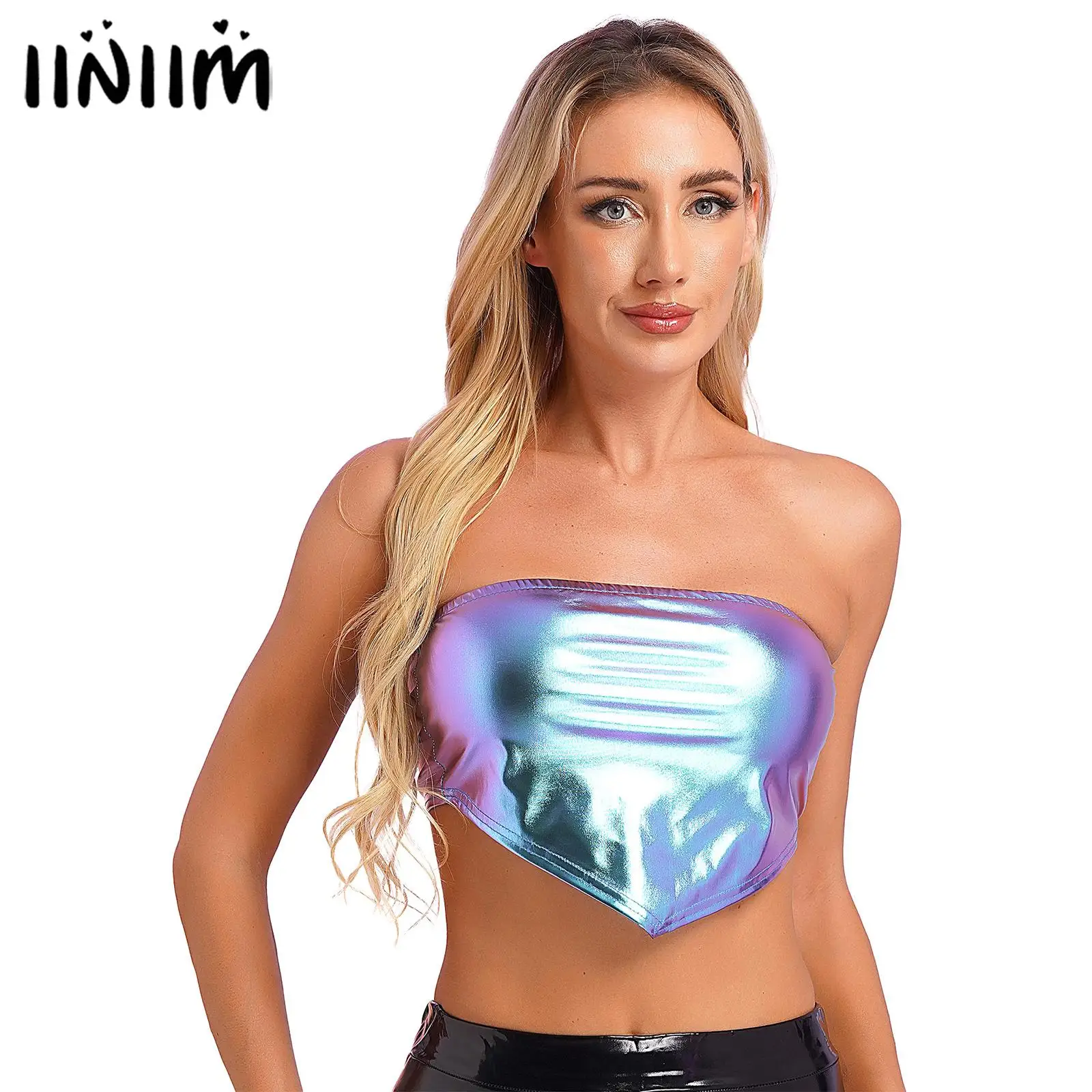 

Womens Metallic Shiny Strapless Crop Tube Tops Pointed Hem Asymmetrical Bandeau Sleeveless Vest Nightclub Carnivals Costumes