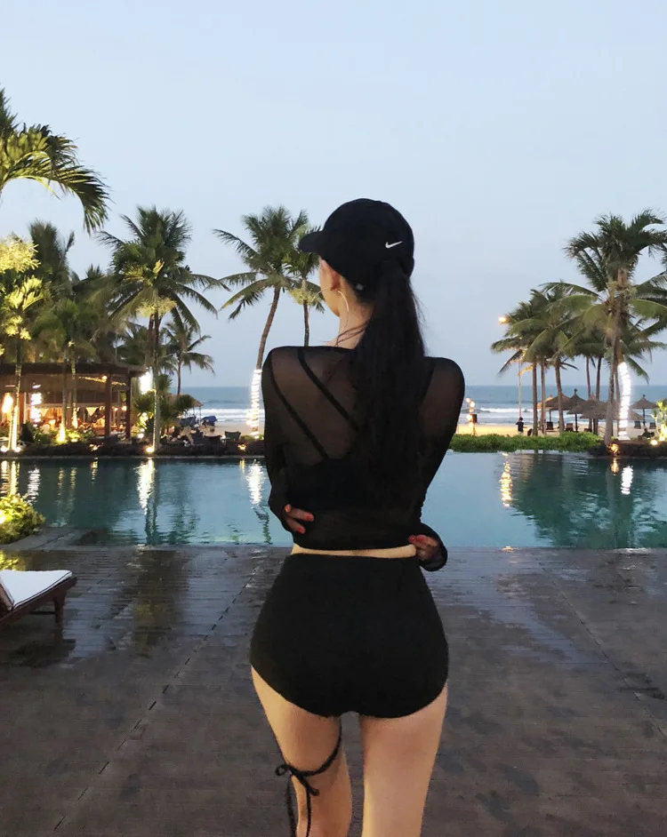 Letter Simplicity Sexy Korean Style Three-Piece Suit High Waist Covering Belly Thin Split Triangle Swimsuit for Women