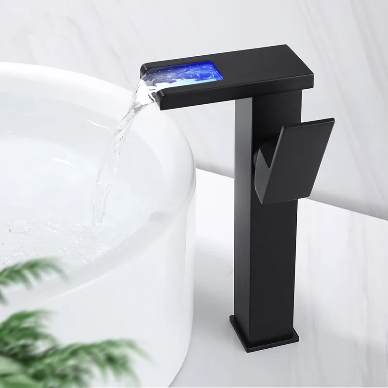 

Basin Faucet LED Bathroom Waterfall Faucet Black Brass Basin Faucet. Bathroom Mixer Tap Deck Mounted
