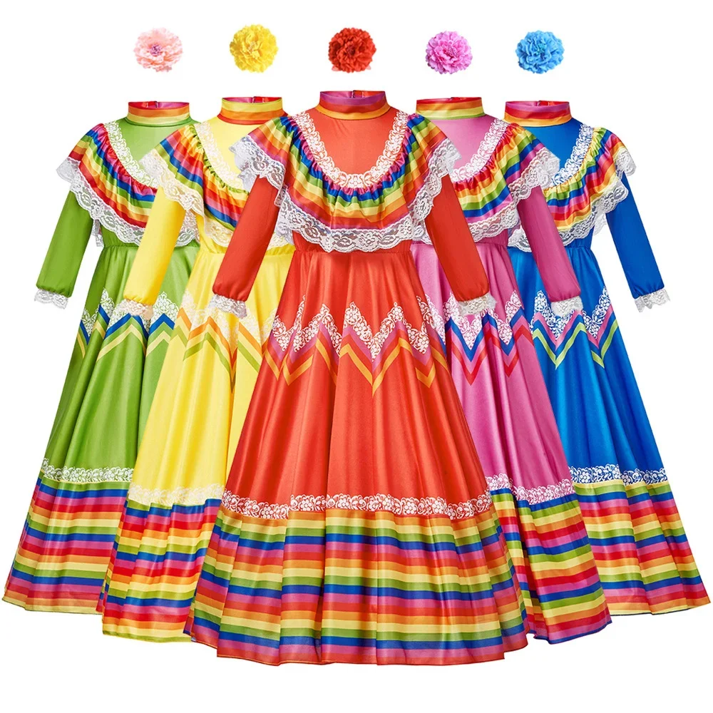 

Girls Traditional Mexican Folk Dancer Dress National Mexico Style Bohemia Gypsy Flamenco Costume Carnival Party