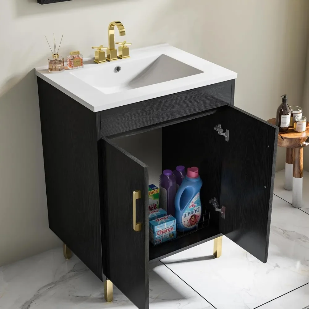 Fully Pre-Assembled 24 Inch Bathroom Vanity with Single Ceramic Countertop Sink Combo, 2 Soft Close Doors Bathroom Cabinet Set 5
