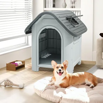 Plastic Foldable Dog House for Small Dogs, Waterproof Folding Pet House with Adjustable Top Window and Elevated Base 2
