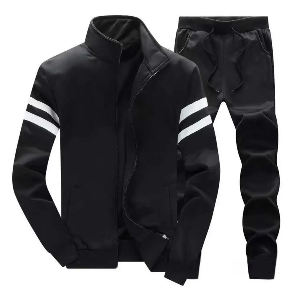 2Pcs/Set Simple Long Sleeve Mid-rise Winter Striped Patchwork Fleece Lining Sport Coat Long Trousers Set for Work