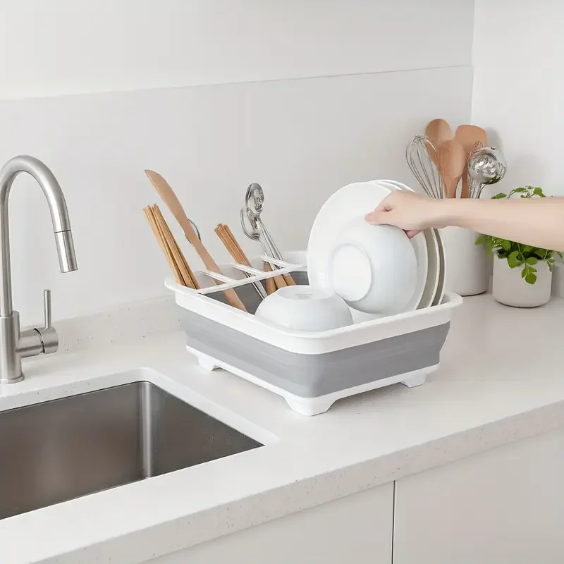 Large Capacity Foldable Drainage Storage Bowl Rack with Multi-Compartment Utensil Holder,Multifunctional Plate Organizer