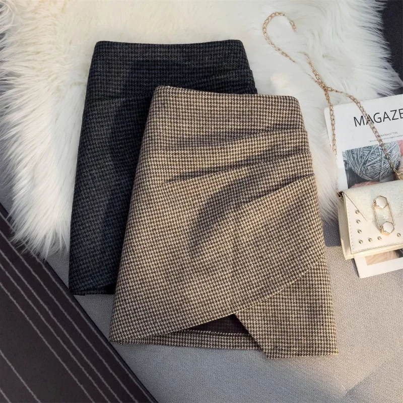 

2023 Autumn and Winter New High Waist Slim Irregular A- Line Mini Skirt Femme Winter Woolen Houndstooth Hip Skirt for Women