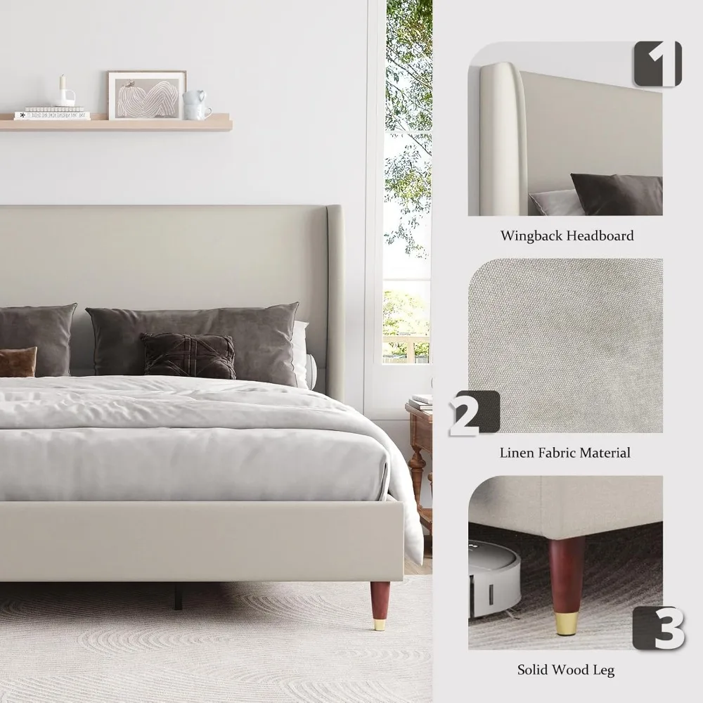 Queen Bed Frame Upholstered Beds 51.2" High Platform Beds with Wingback Headboard/No Box Spring Needed, Queen Bed Frame 4