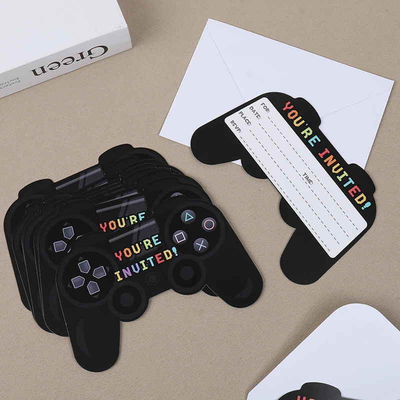 12Pcs/set Video Game Theme Party Invitation Cards with Envelope Kids Boys Game On Birthday Party Decoration Black GamePad Card