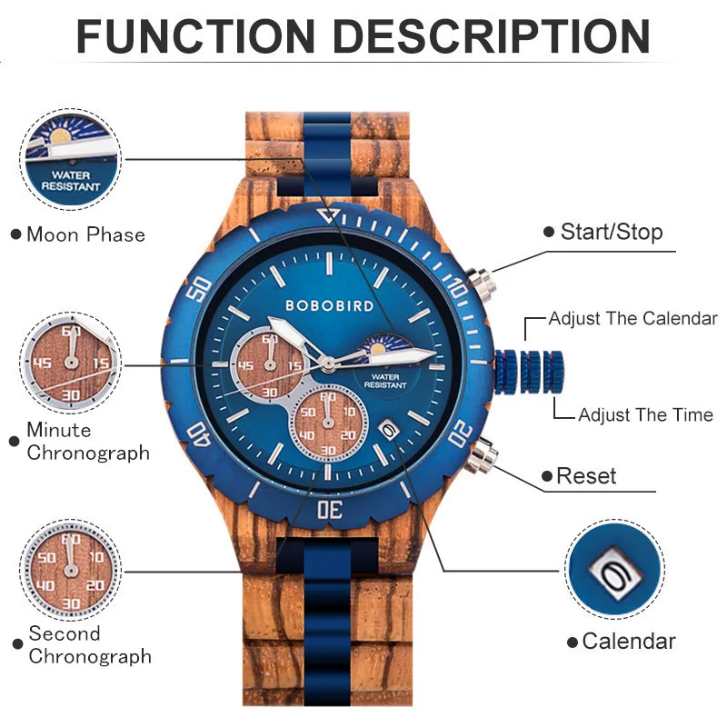 BOBO BIRD Men's Watches Wood & Stainless Steel Combined Wristwatch Chronograph Auto-Date Clock With Gift Box 3