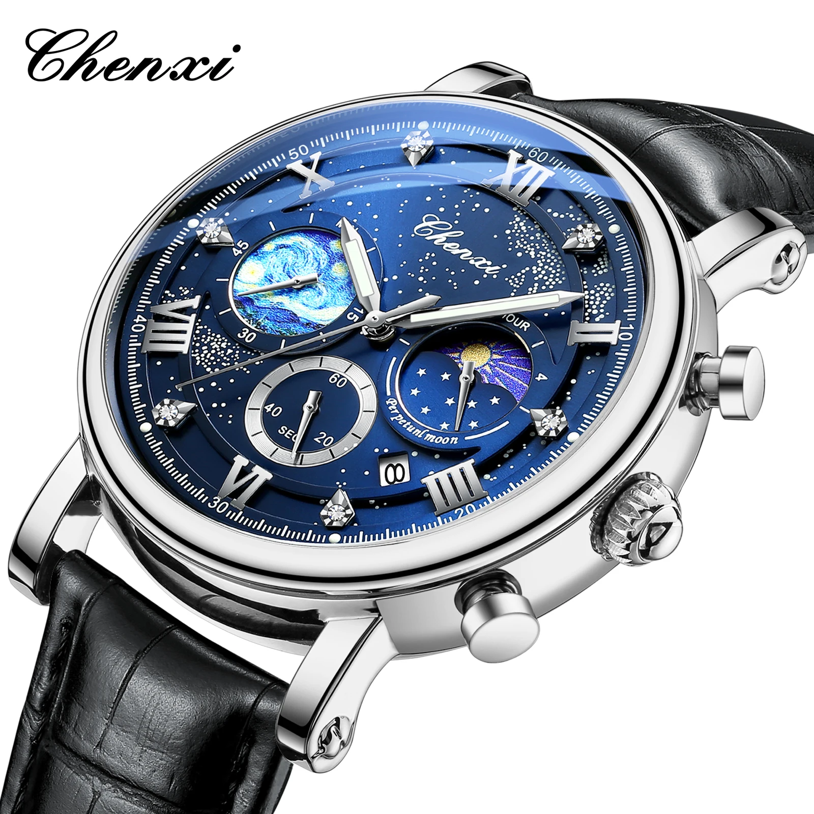 Chenxi 972 Sun Stars Stopwatch Multi-function Fashion Men's Moon