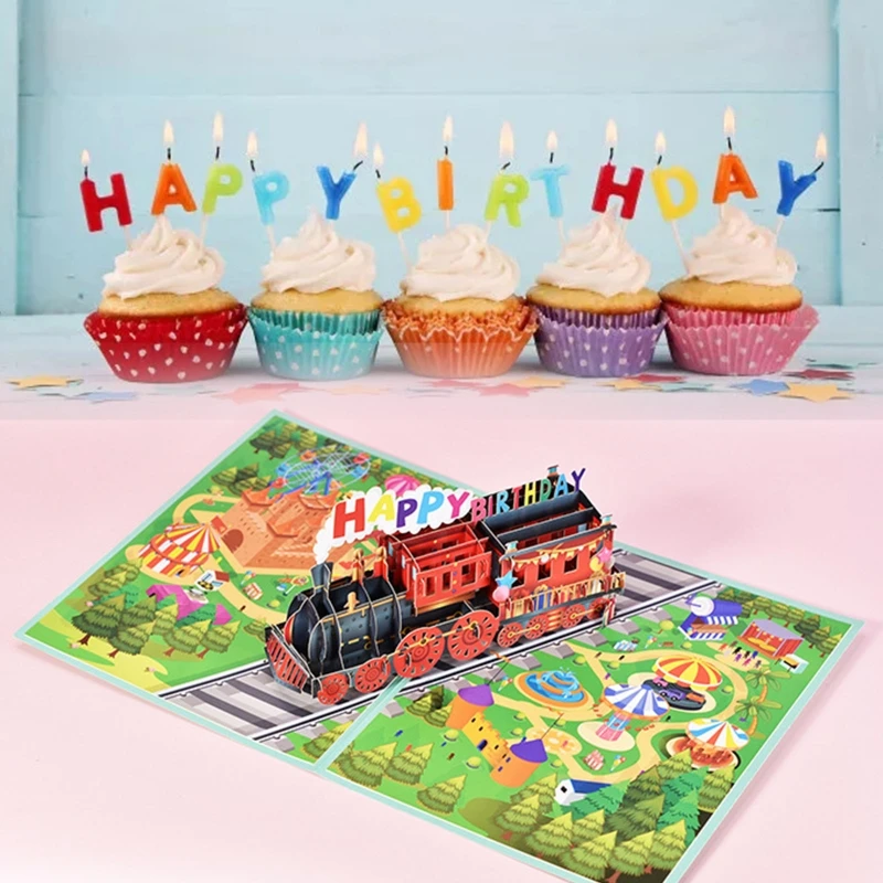 3D Pop Up Card Birthday Train Greeting Card Envelope Handmade Birthday