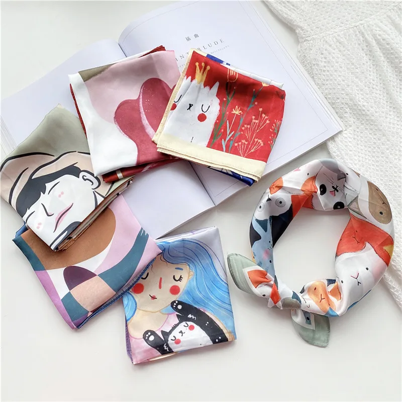 

Cartoon People Animal Square Scarves Neckerchief Turban Headband Kerchief Ribbon Bandanas Decoration Scarf for Women 55*55cm