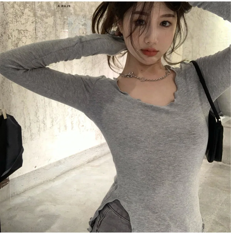 Description Picture 4 of itemLong Sleeve T-shirts Women Fungus Line Irregular Hem Knitted Slender Autumn Bottoming Tees Chic Fashion Sexy Solid Ulzzang New