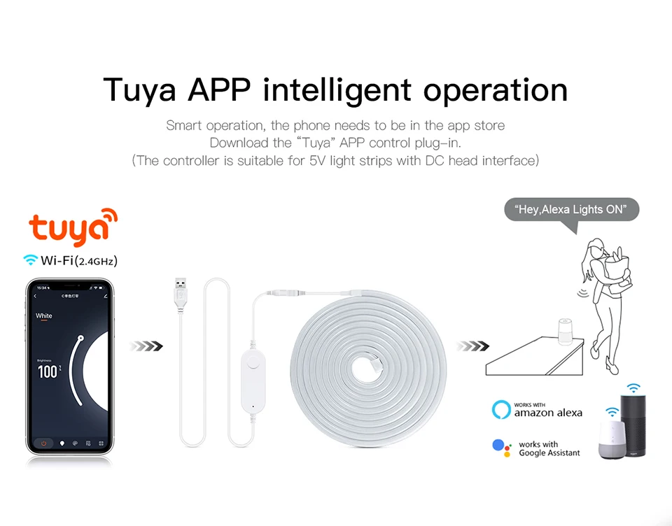 Description Picture 5 of item5V USB Tuya Smart Home WiFi Neon LED Strip 1M 2M 3M 5M White/Warm White Dimmable LED Strip Light Work With Alexa Google Home