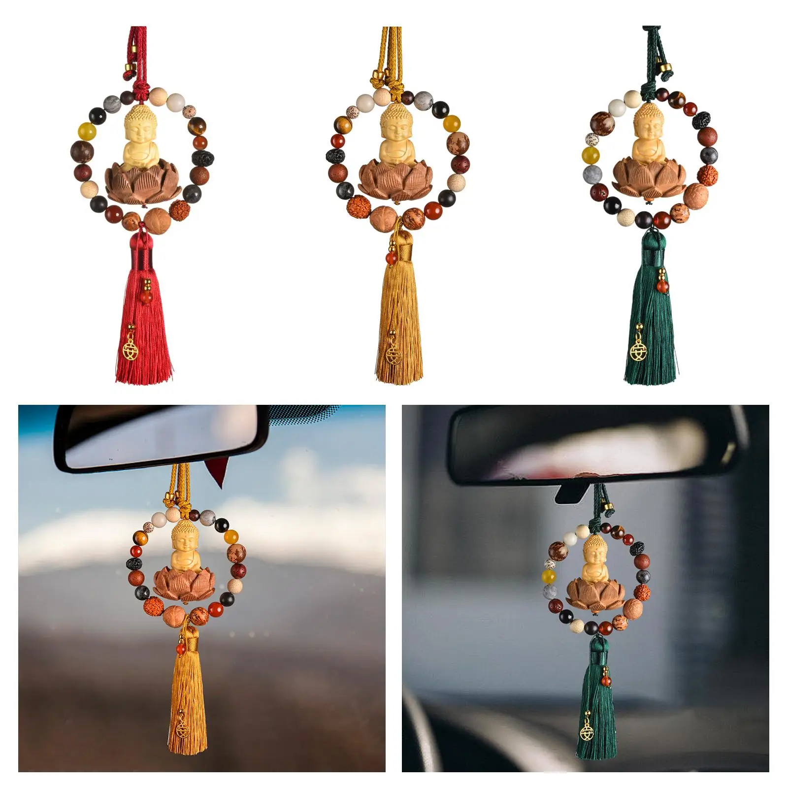 Buddha Statue Car Rearview Mirror Pendant Gift Tassel Car Hanging Decoration