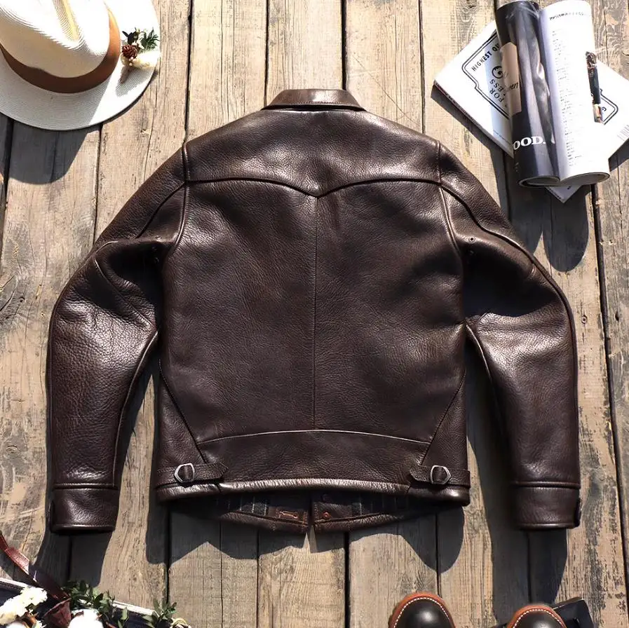 CC Shop Best. 다크 브라운 아메리칸 클래식 캐주얼 리얼 소가죽 코트, 남성용 1.5mm 헤비 가죽 재킷, 모토 슬림핏 럭셔리