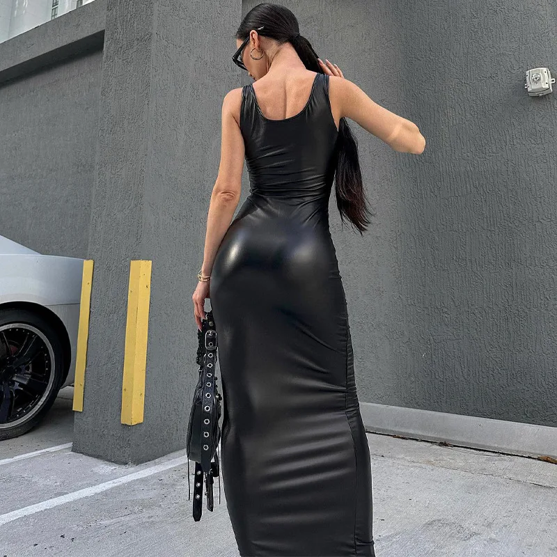 New Women Sexy PU Leather Dress Elegant Formal Party Office Lady Midi Dress  Skinny Zipper Black Dress Off shoulder Bandage Club