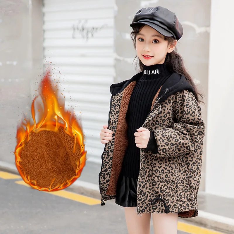 

Girls Fashion Leopard Print Coat Winter plush Denim Windbreaker Med-length Casual Letter Print Patchwork Top for Teenager 4-14 Y