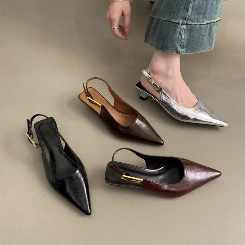 Gold Silver High Heel Pointed Toe Women Slingback Shoes Woman Elegant Summer French Style Back Empty Single Pumps 5