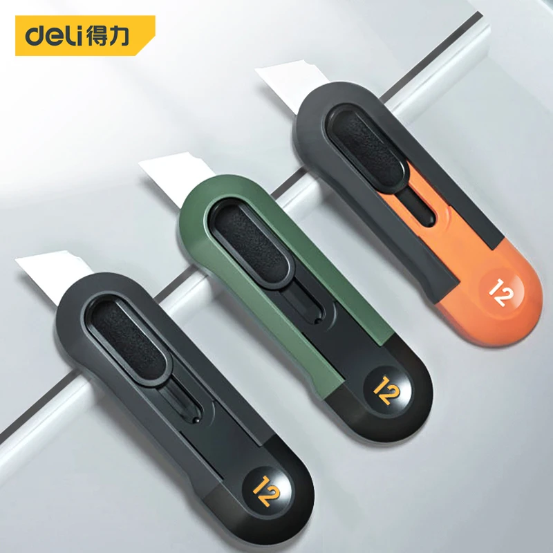 

Deli Mini Auto-Retract Utility Knife Paper Box Cutter Sk5 Blade Small Couteau Front Self-Locking Art Cutting Supplies For Home