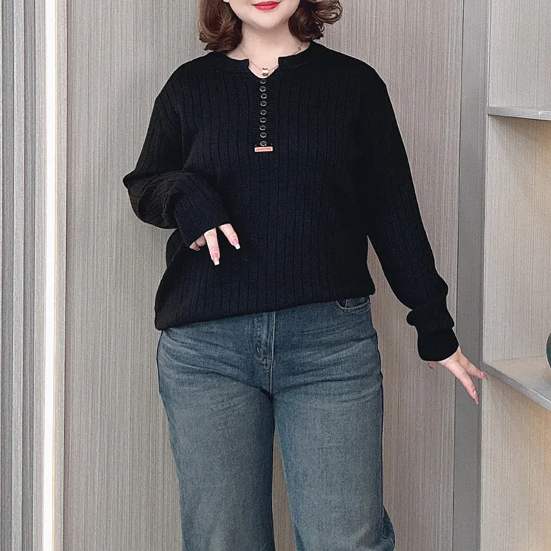 Women's V-neck Long Sleeve Knitted Sweater, Plus Size Pullovers, Button Label, Slimming, Autumn, New, 2024