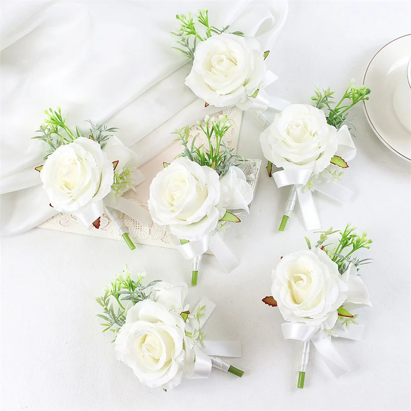 Weißer Bräutigam Boutonniere Blumen für Mensuit Künstliche Blume Seide Rose Männer Brosche Blumen Pins Ehe Dekoration 2 Stück – Detail 13
