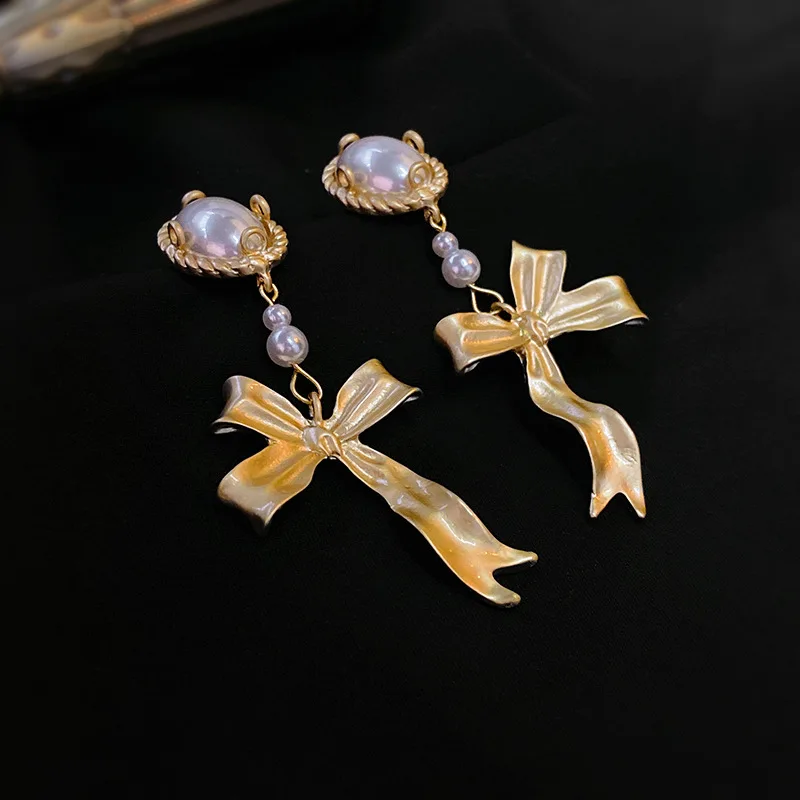 

European and American Women Bow Oval Pearl Earrings French Ins Earrings