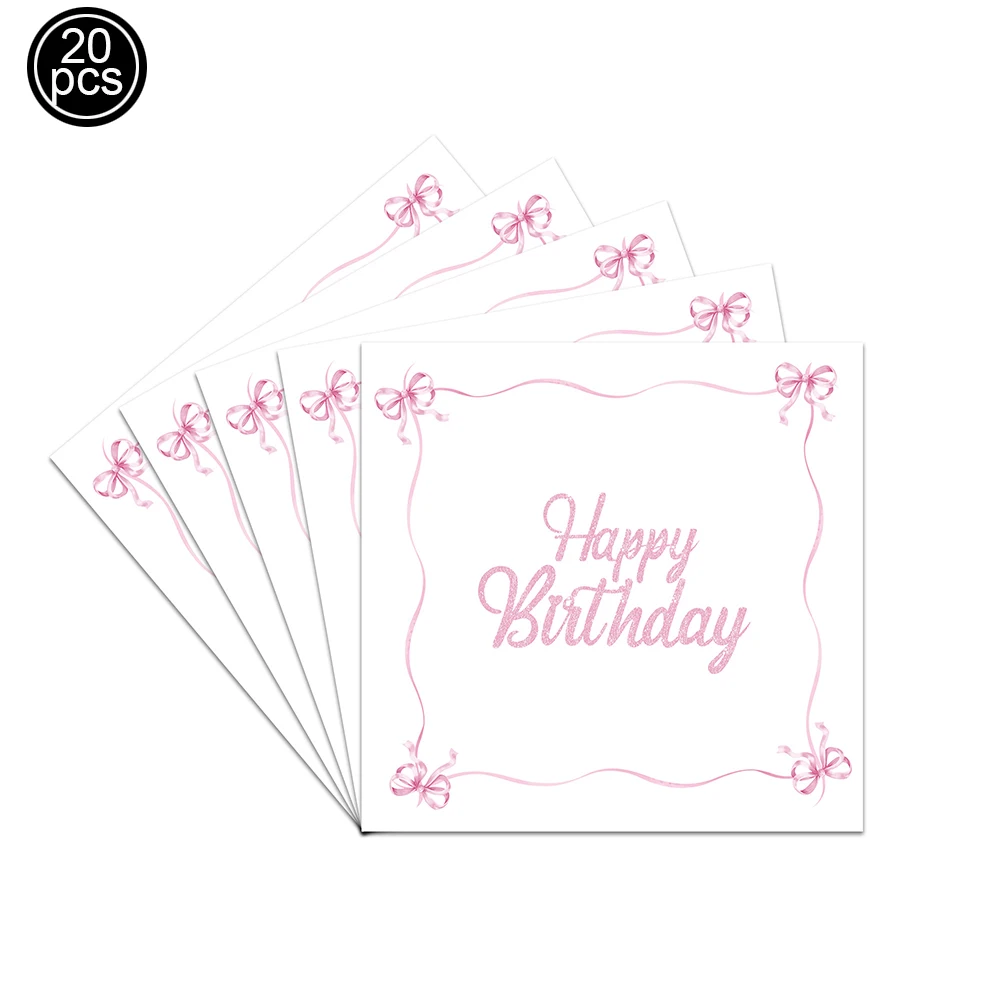 Pink Bow Theme Disposable Paper Napkins - 20pcs for Birthdays, Baby Showers, and Weddings
