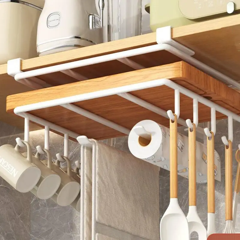 

Kitchen Cabinet Under Shelf Metal Cupboard Hanging Hooks Mug Cup Hanger Cutting Board Pot Cover Holder Towel Tissue Storage Rack