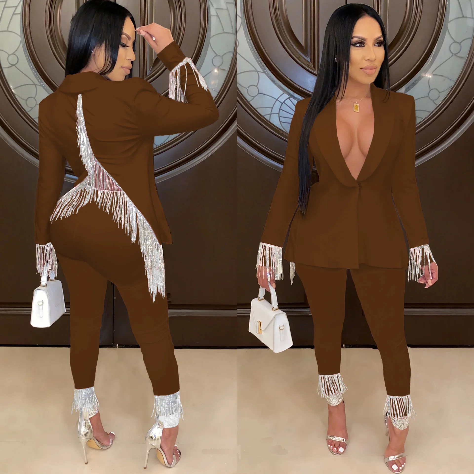 Sexy Backless Tassel Blazer 2023 Women Fashion Solid Colors Single Button Top+Pant Casual Office Professional Two-piece Suit