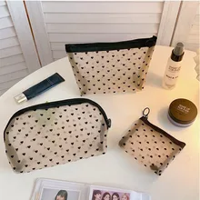 

Mesh Cosmetic Organizer Makeup Bags Case Holder Cute Transparent Zipper Black Heart Printed Pencil Pen Case