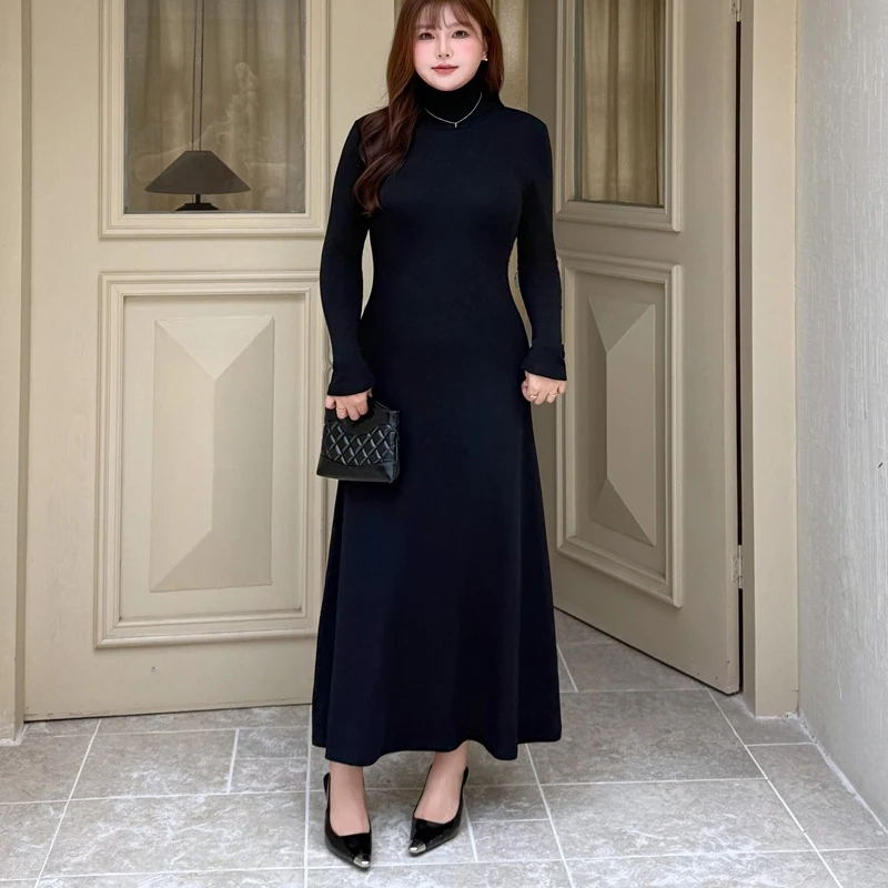 XXXXL Fashion Plus Size Women Dresses Premium Lycra Knitted waive-cinched A-Line high-neck Curves Slim French Base Dress 9429